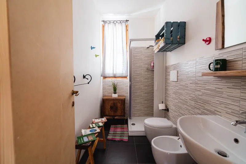Bagno con doccia, lavabo e finestra